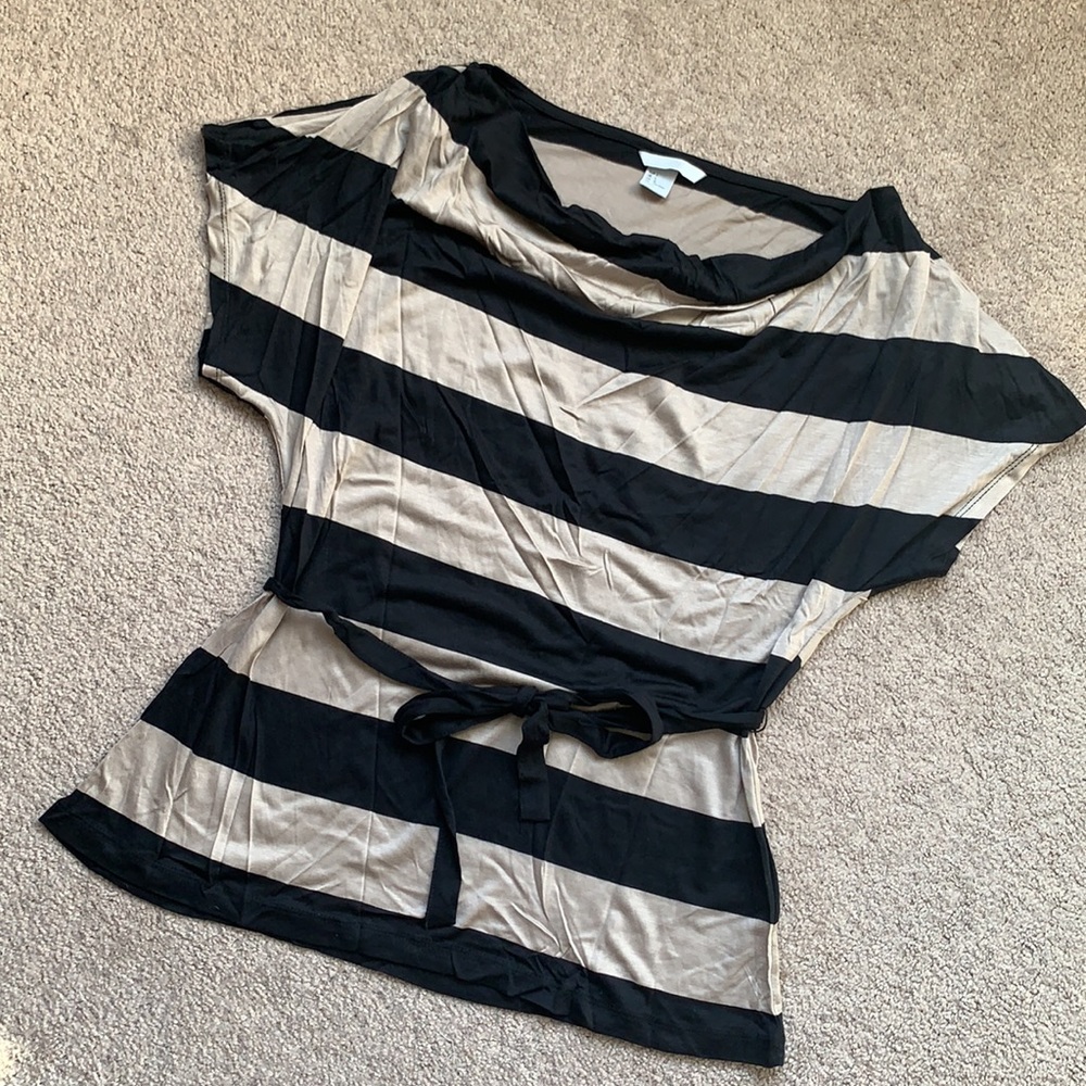H&M Size L Black & Beige Striped Dolman Sleeve Top w/ Waist Tie